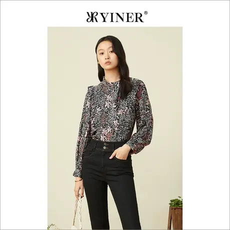 YINER音儿女装春季时尚印花系带圆领真丝衬衫商品大图