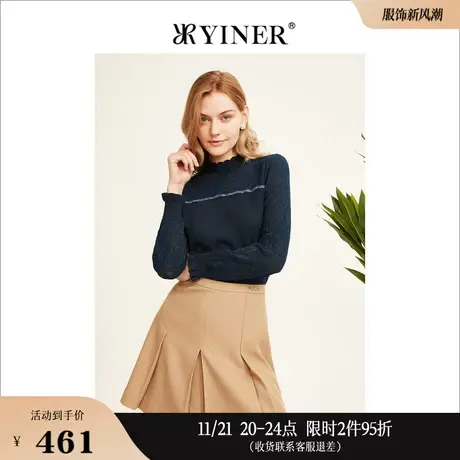 YINER音儿专选女装冬季花边立领蕾丝拼接针织衫套头上衣商品大图