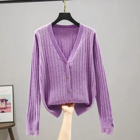 开衫女2023春秋新款韩版宽松V领纯色蕾丝袖拼接针织长袖百搭外套商品大图