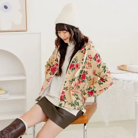 桔熊春秋季甜美花朵磨毛棉卫衣连帽短款小外套女胖妹妹大码EA2102商品大图