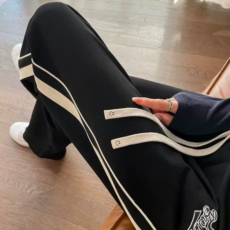 黑色窄版阔腿裤女春秋2024新款高腰显瘦休闲直筒竖条纹运动卫裤子商品大图