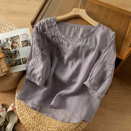 享永子刺绣苎麻短袖T恤女文艺复古宽松显瘦棉麻上衣2023夏季新款商品大图