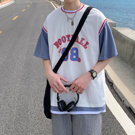 假两件夏季新款短袖男潮流ins字母印花五分袖港风宽松情侣休闲t恤商品大图