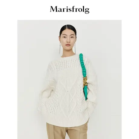 【厚实针织毛衣】玛丝菲尔冬季新款白色量感慵懒羊毛毛衣商品大图