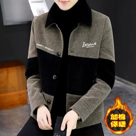 2023新款男装外套秋冬季潮流拼色刺绣金貂绒夹克男士加绒加厚冬装商品大图