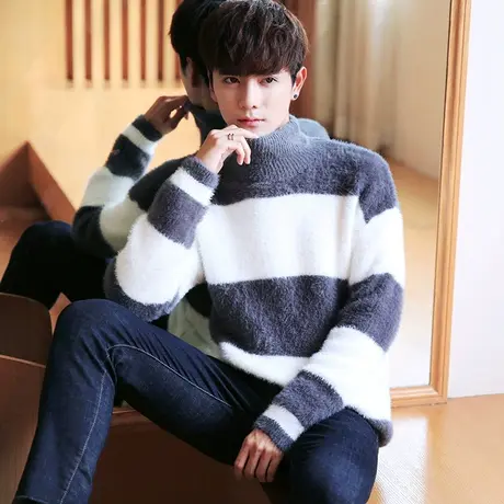 秋冬男士高领潮流毛衣半高领加厚韩版男装线衣宽松针织衫打底衫商品大图