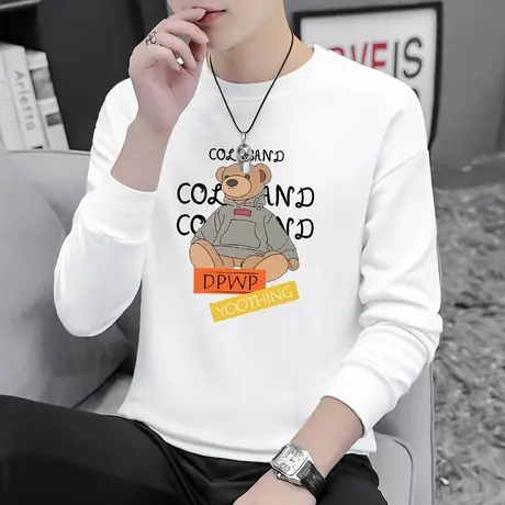 2023新款白色卫衣男潮ins春秋款加绒圆领无帽上衣小熊宽松长袖t恤商品大图