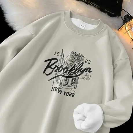 450g重磅圆领卫衣男秋冬保暖长袖t恤套头无帽上衣服摇粒绒打底衫商品大图