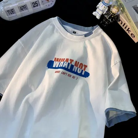 夏季假两件薄款中性风短袖T恤男潮流透气字母印花休闲半袖上衣服商品大图