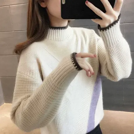 半高领毛衣女宽松2023年秋冬新款韩版洋气外穿长袖套头打底针织衫商品大图