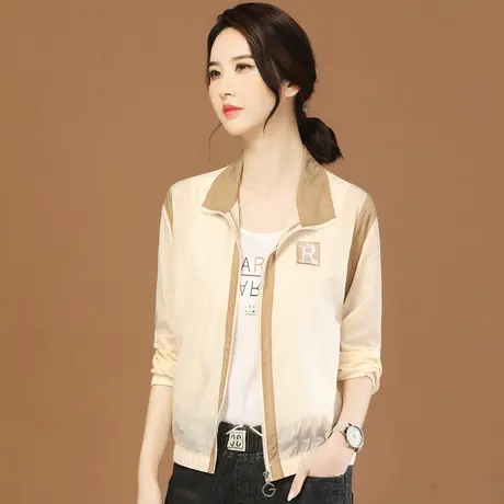 韩潮袭人2023夏季新款立领撞色刺绣长袖薄款外套女拼接空调防晒衣图片