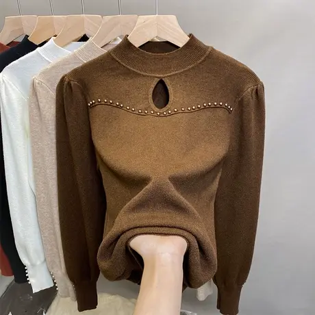 半高领毛衣女钉珠镂空打底衫2023秋冬新款套头钉珠针织衫内搭上衣商品大图