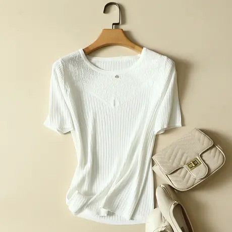 冰丝针织衫短袖t恤女2024春夏新款圆领修身显瘦薄款打底衫女上衣图片