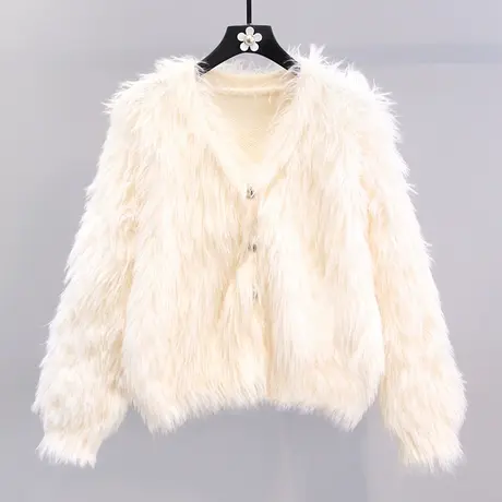 小香风短款水貂绒毛衣外套女秋冬2023年新款宽松加厚洋气针织开衫商品大图