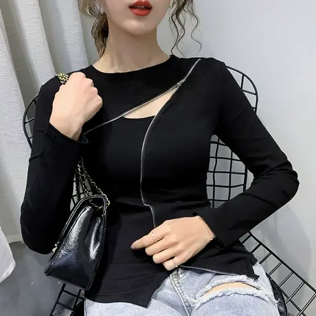 春秋2024款女性感镂空心机T恤女长袖不规则设计感洋气上衣打底衫商品大图