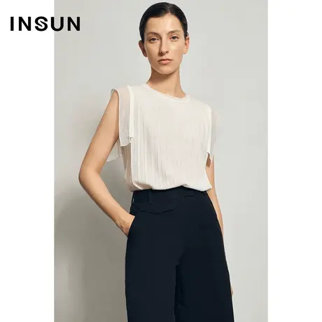 INSUN恩裳夏季百褶条纹套头无袖薄款针织衫商品大图