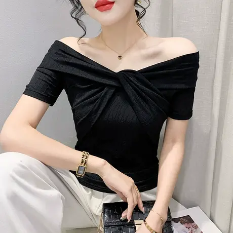 性感一字肩短袖T恤女夏装2024新款气质百搭小衫网红设计感上衣潮图片