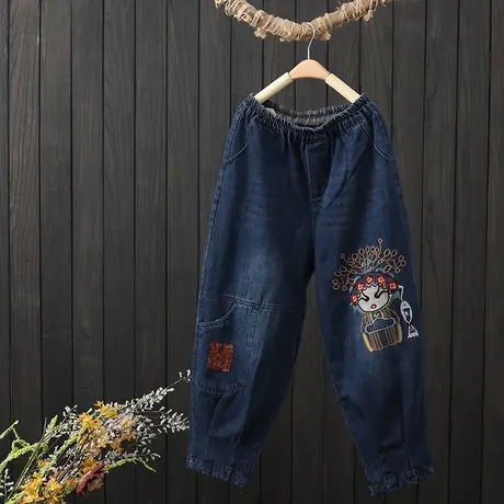 文艺复古脸谱刺绣牛仔长裤女2023春秋季松紧腰宽松卷边九分哈伦裤商品大图