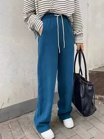 欧洲站2023冬季新款松紧腰加绒加厚卫裤女宽松直筒阔腿裤拖地裤潮商品大图