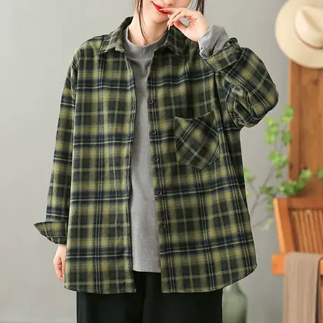 dza 复古短款宽松纯棉格子衬衫外套女秋冬内搭长袖上衣休闲衬衣女商品大图