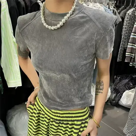 设计感拼丝绒款修身显瘦高弹打底上衣植绒短袖上衣2023春秋装新品图片