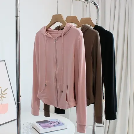 温柔风！短款连帽拉链开衫外套女春秋季修身高腰长袖运动休闲上衣图片