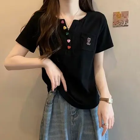 2023年新款v领短袖T恤女夏季洋气减龄韩版修身显瘦学生纯棉上衣潮商品大图
