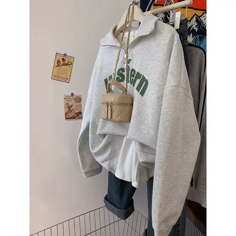 宽松大码POLO领长袖卫衣女秋季宽松显瘦半拉链设计感小众上衣外套商品大图