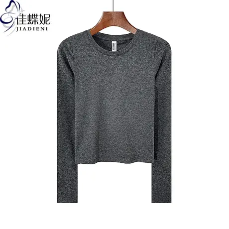早秋新款圆领修身短款纯欲纯棉纯色显瘦长袖体恤上衣内搭女打底衫商品大图
