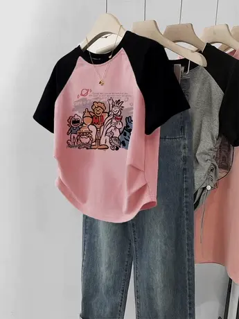 港风短款T恤女装2023新款夏季插肩袖短袖小个子ins闺蜜装修身上衣图片