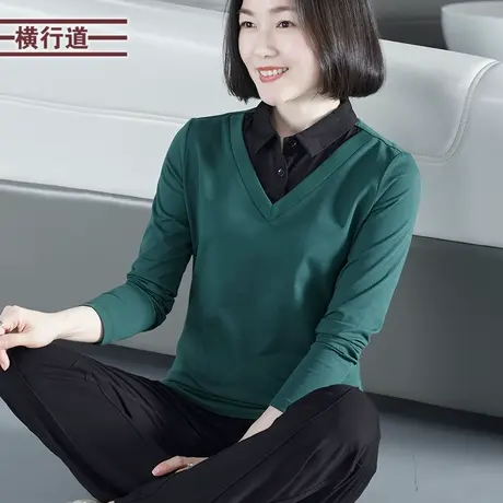2025春季新款衬衫领翻领假两件套长袖女T恤中年妈妈装打底衫外穿商品大图
