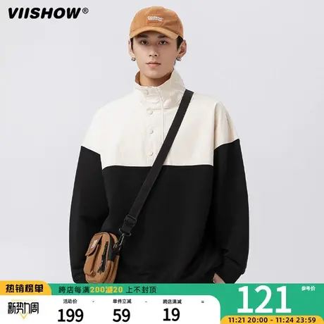 VIISHOW日系复古立领卫衣男半拉链潮牌街头拼接宽松休闲百搭上衣商品大图