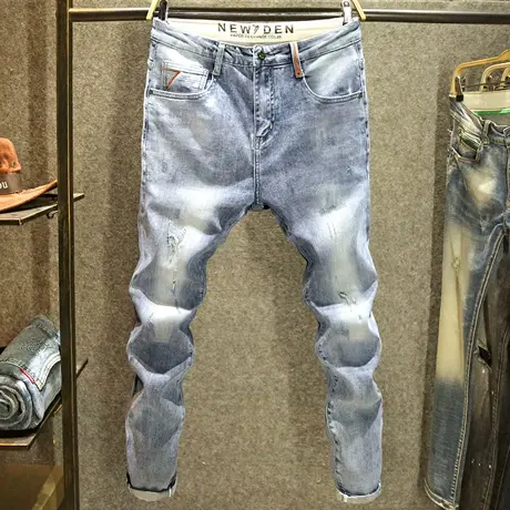 九分破洞牛仔裤男修身弹力小脚裤原创个性刺绣设计韩版潮流裤子男商品大图