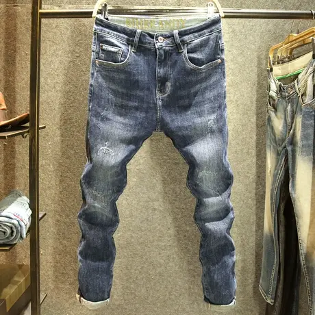 潮牌痞帅男装牛仔裤个性磨破猫须修身弹力裤子潮流百搭休闲小脚裤商品大图