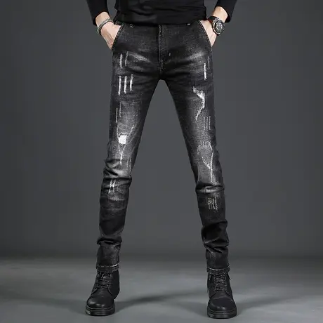 高街破洞牛仔裤男秋冬季2022新款修身小脚黑色乞丐潮流厚款裤子男图片