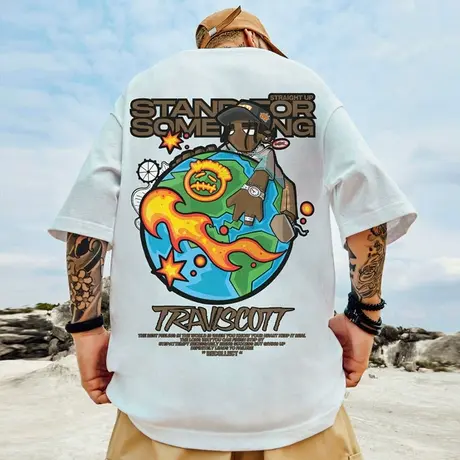 高街潮牌宽松T恤胖子短袖男加肥加大五分袖纯棉肥佬大码男装夏季商品大图