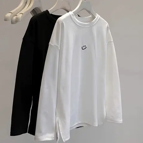 下摆开叉长袖T恤女德绒保暖打底衫秋冬装宽松笑脸刺绣上衣ins潮牌商品大图