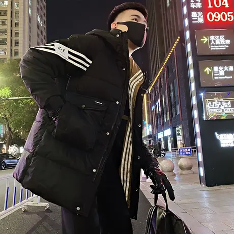 冬季中长款连帽棉衣男新款个性织带拼接设计感潮牌工装棉服外套图片