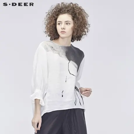 sdeer圣迪奥2019秋装新款水墨印花前短后长下摆圆领衬衫S19180508图片