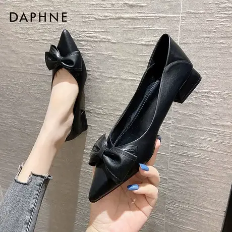 达芙妮平底鞋女2021年新款秋季蝴蝶结粗跟真皮黑色春秋单鞋一脚蹬图片