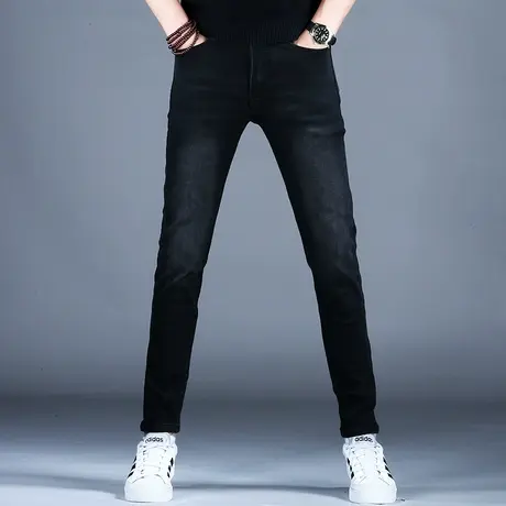 欧版男士冬季牛仔裤子黑色时尚压花修身百搭小脚裤2023棉弹男潮牌商品大图