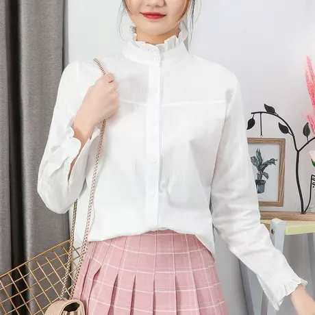 木耳边立领白衬衫女夏韩版宽松显瘦时尚洋气长袖白衬衣单排扣上衣商品大图