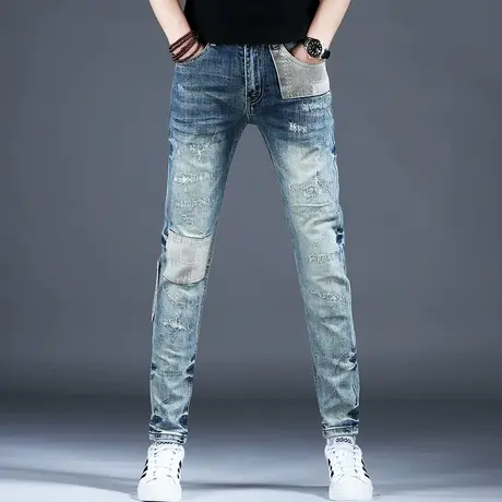 男士新款破洞补丁拼接牛仔裤男款直筒修身2023新款四季潮牌春秋季商品大图