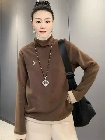 2023冬装韩版加厚长袖高领宽松奥粒绒卫衣拼色上衣女保暖打底衫女商品大图