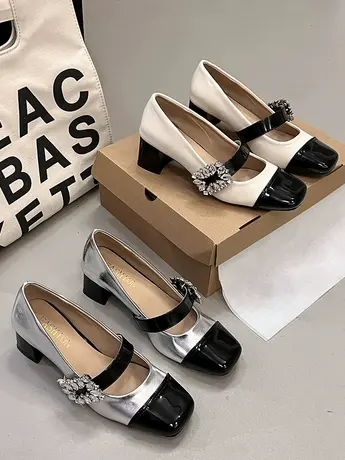 法式小香风粗跟单鞋女秋2024新款银色玛丽珍女鞋一字带水钻高跟鞋图片