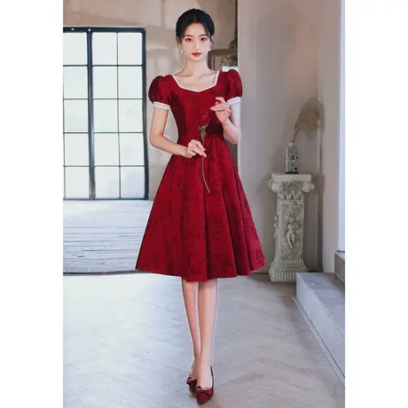 酒红色敬酒服新娘夏季小个子订婚礼服回门服高级感法式连衣裙高档商品大图