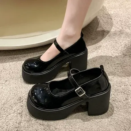 粗跟高跟小皮鞋2024春季新款厚底增高法式复古玛丽珍坡跟单鞋潮流图片