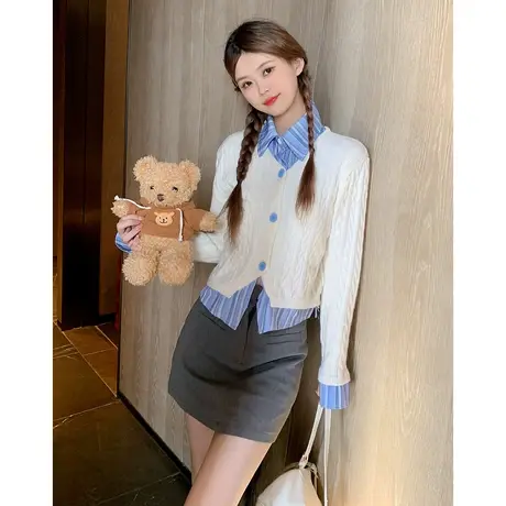 othermix假两件衬衫拼接针织衫女2024春秋新款甜美小个子上衣开衫图片