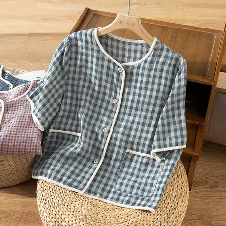 享永子短袖格子亚麻T恤女文艺复古宽松显瘦百搭棉麻上衣2023新款商品大图