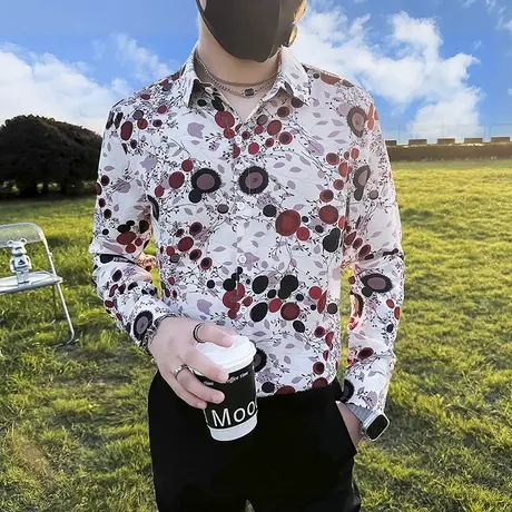 高级感ins复古碎花衬衫男春季2024新款潮流韩版痞帅印花长袖衬衣商品大图